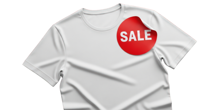 White T-shirt with a red sale sticker isolated on a transparent background - Powered by Adobe