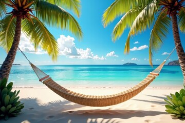 Virtual beach scene background for video calls, complete with hammock and swaying palm trees.