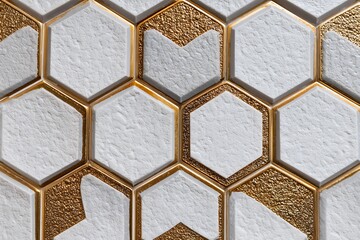 Fototapeta premium A luxurious and modern geometric pattern of white and gold hexagonal tiles, creating an elegant textured background.