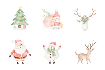 Fototapeta premium Collection of Christmas Elements in watercolor , Santa, Snowman, Christmas Trees