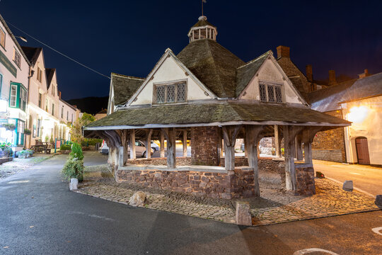 Night photo of the old yarn market in Dunster in Exmoor National Park