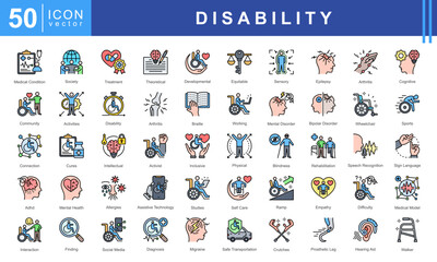 Disability icon set featuring medical condition, treatment, rehabilitation, mental health, assistive technology and sign language. Perfect for inclusion, awareness, and healthcare projects.