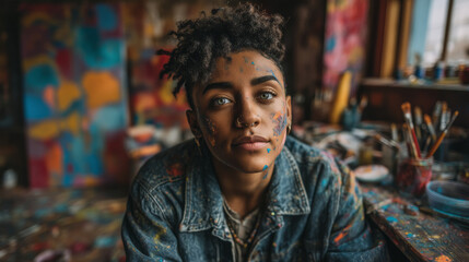 Obraz premium Young Artist With Colorful Paint Splatters On Face In A Messy Studio Environment