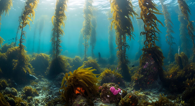 Underwater kelp forest with sunlight streaming through the water and rocky seabed visible below ai generated