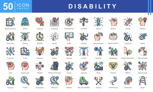 Disability icon set featuring medical condition, treatment, rehabilitation, mental health, assistive technology and sign language. Perfect for inclusion, awareness, and healthcare projects.