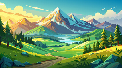 Very beautiful summer mountains featuring lush green slopes, bright clear sky, warm sunlight, and a realistic serene alpine landscape with vibrant natural colors.