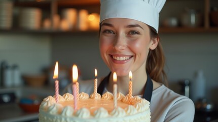 Female baker in tall chef hat holding birthday cake with candles, close-up on face and cake, neutral background.