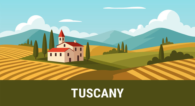Vector Tuscany landscape. Iconic Italian countryside view with a house, cypress trees, and green, yellow rolling hills. Perfect travel and nature illustration in a flat art style