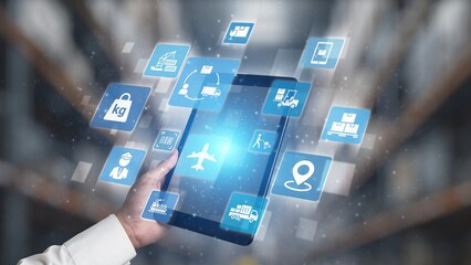 Logistics icons illustrate delivery, supply chain, warehouse, and shipping. Logistics connects global trade, logistics optimizes transport, and logistics supports inventory tracking. Gist