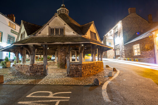 Night photo of the old yarn market in Dunster in Exmoor National Park