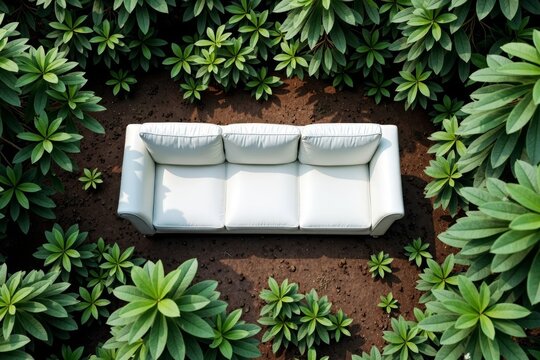 Aerial View of a Pristine White Sofa in a Forest Setting, Surrounded by Vibrant Greenery and the Melody of Birdsong: Contrasting Urban Elements