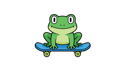 Obraz premium A cartoon green frog sitting on a blue skateboard with yellow wheels, isolated on a white background.