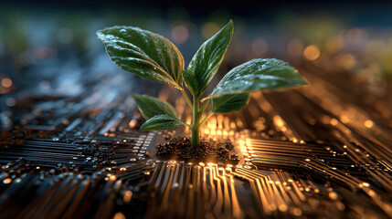 Glowing plant with electronic circuit veins — bio-design, technological evolution, conceptual minimal art