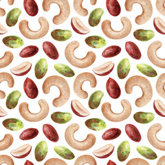 Pistachios, peanuts, cashews, watercolor seamless pattern. Hand-drawn illustration, mixed nuts. Healthy snacks.