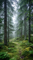 Fototapeta premium forest path winds through tall moss-covered pine trees shrouded in morning mist, creating a peaceful and mysterious natural atmosphere