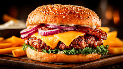 Cheeseburger avec steak, oignon rouge et fromage fondu