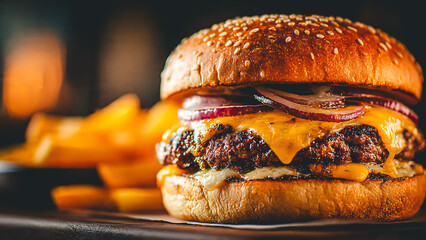 Cheeseburger avec steak, oignon rouge et fromage fondu