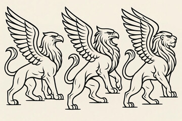 Three hybrid falcon-lion creatures