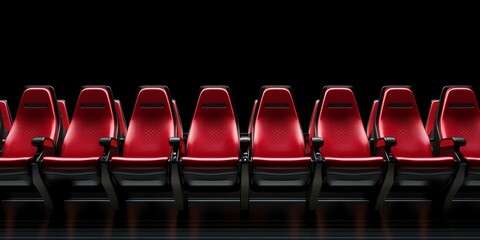 An empty row of red theatre chairs ready for an audience.