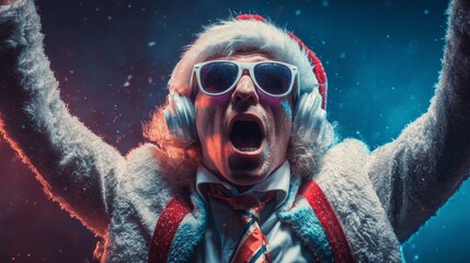 Groovinâ€™ with santa: a night of dance and christmas cheer. Poster graphics. Holiday dj santa: a night of music and dance at the christmas extravaganza. Action poster. Blockbuster art.