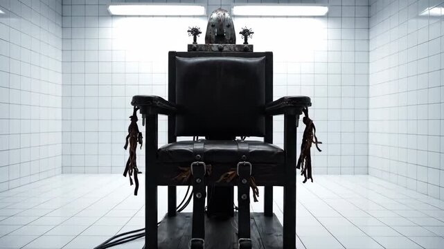 A dark electric chair in a sterile interrogation room and punishment chamber