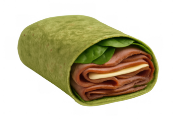 Spinach tortilla wrap with sliced ham, cheese, and fresh spinach leaves, healthy grab-and-go lunch food