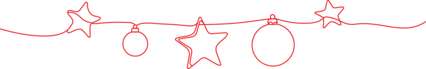 Red christmas line art decoration banner vector, continuous one line drawing ornaments garland header design.