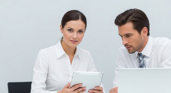 Professional business colleagues collaborating on tablet and laptop in office