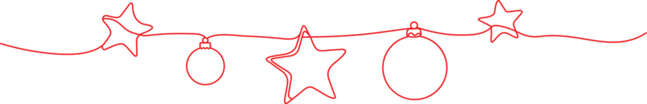 Red christmas line art decoration banner vector, continuous one line drawing ornaments garland header design.