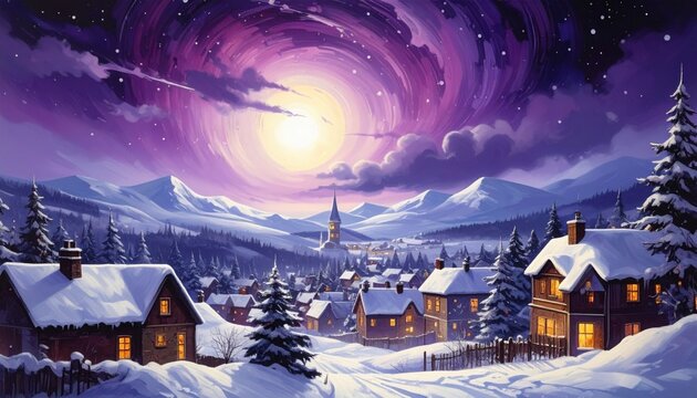 Snow-covered village under swirling violet sky with glowing moon, a dreamy winter night scene symbolizing magic and tranquility in alpine mountain regions like Austria or Switzerland