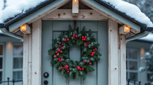 Holly wreath with red berries hanging on frosted wooden door snowy eaves