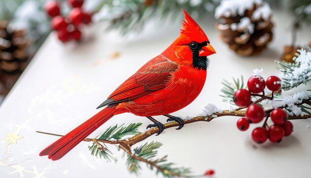 Bright red cardinal perched on a snow-covered pine branch with holly berries and pinecones symbolizing winter and Christmas season wildlife beauty