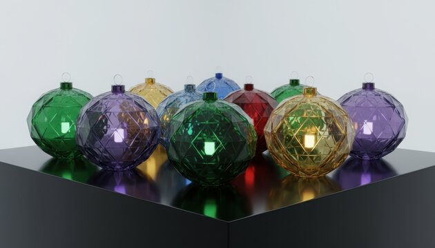 Futuristic cyberpunk city with giant glowing Christmas ornaments floating among neon signs and busy street crowd at night