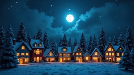 Fototapeta premium Wide view magical fairy village with numerous illuminated cottages beneath expansive starry night and full moon