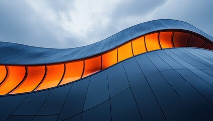 A creative architectural solution. A streamlined façade with a continuous horizontal window, glowing orange against a cloudy sky.A creative architectural solution. A streamlined façade with a continuo