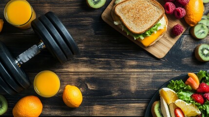 A healthy lifestyle composition with a sandwich, weights, and fruits on a wooden surface.