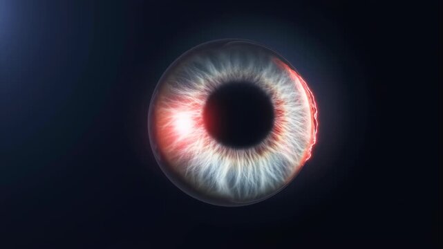 Abstract human eye with glowing red pupil and iris on a dark background, representing digital vision and futuristic technology.