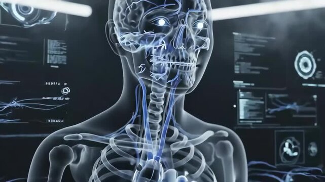 Transparent medical anatomy visualization showing human skeleton spine rib cage skull and glowing