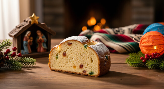 Christmas bread slice closeup slice of festive sweet bread with candied fruit, powdered sugar on wooden table, nativity scene, cozy fireplace bokeh behind, traditional holiday treat, warm home comfort