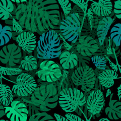 Abstract minimal monstera leaves plant on a dark background. Modern vector illustration in continuous line art style. Botanical seamless pattern for summer design
