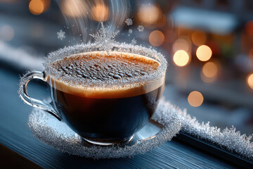Steaming Coffee with Ice Crystals and Winter Bokeh