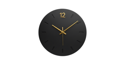 Elegant modern black wall clock with minimalist gold hands and markers, perfect for contemporary interior design and timekeeping.