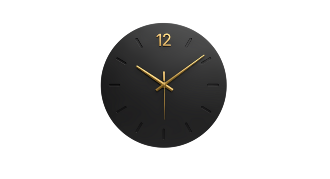 Elegant modern black wall clock with minimalist gold hands and markers, perfect for contemporary interior design and timekeeping.