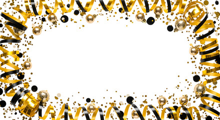 Celebrate in style with luxurious gold and black streamers, disco balls, and confetti, perfect for festive party invitations and elegant event promotions.