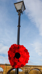 A knitted red poppy on a lamp post in the market town of Yarm in Teesside
