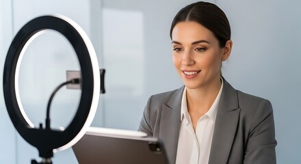 Young professional woman using a tablet in front of a ring light for online content creation