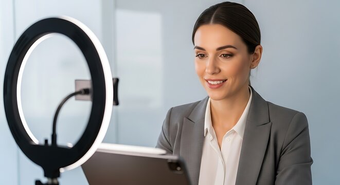 Young professional woman using a tablet in front of a ring light for online content creation