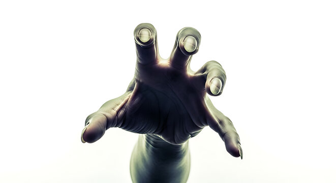 A low angle shot of a hand reaching out with long fingers against a bright white background space ai generated