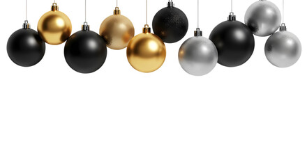 Elegant collection of festive Christmas ornaments in gold, black, and silver, perfect for holiday decor and celebration designs