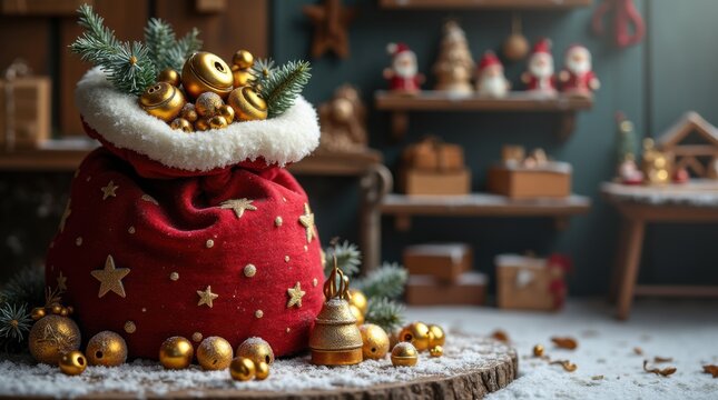Santa's red sack overflowing with golden bells ornaments snowy workshop bench